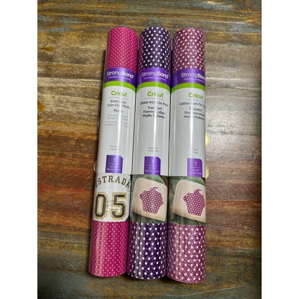 Cricut Iron-On Mesh Bundle Raspberry Eggplant Pink Glitter HTV 3 Roll StrongBond